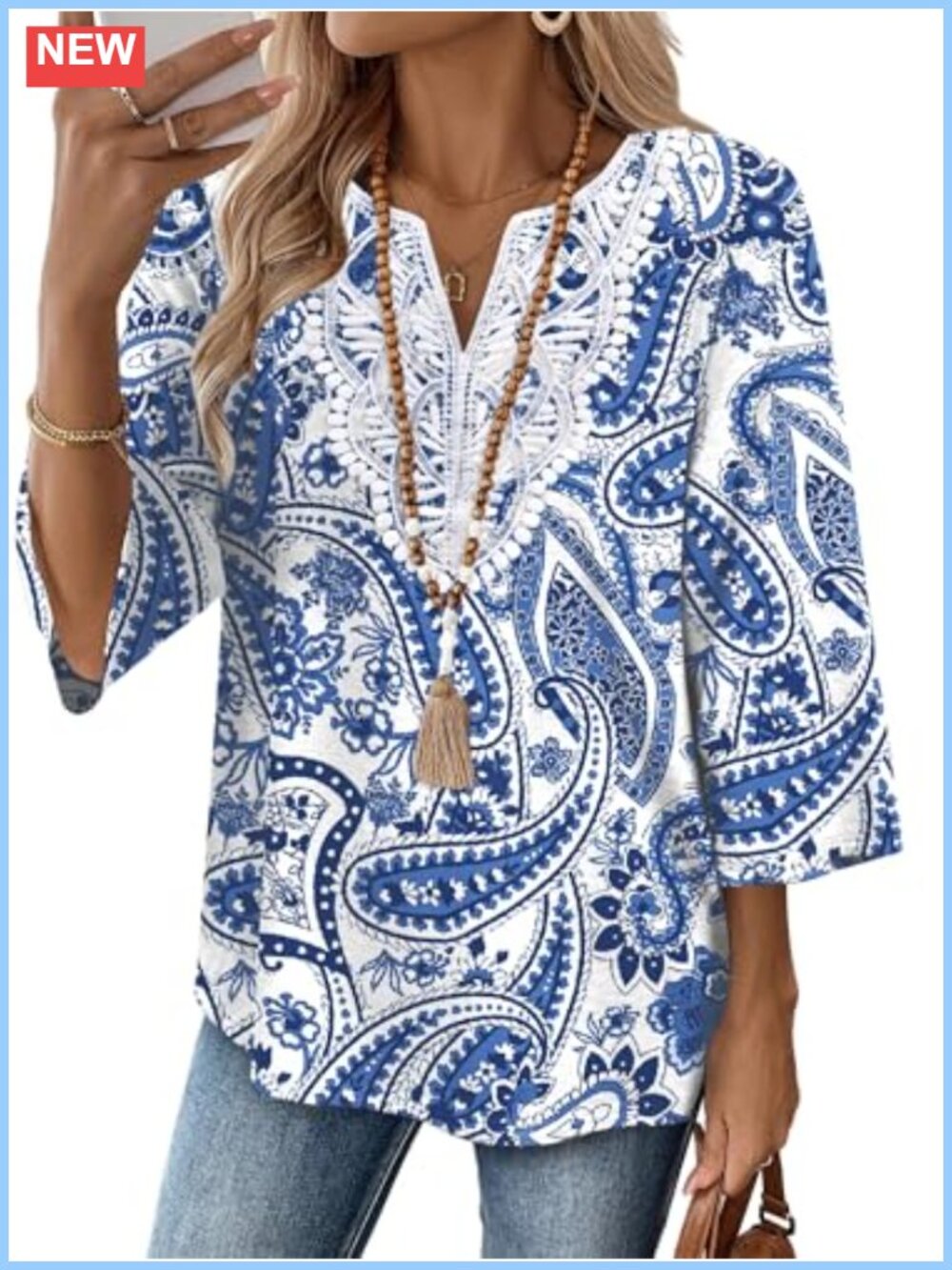 3/4 Sleeve Boho V Neck Lace Blouse Women Dressy Casual Floral Tunic Top